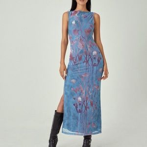 MOTEL X JACQUIE Flo Midi Dress in Lumen Mesh Blue